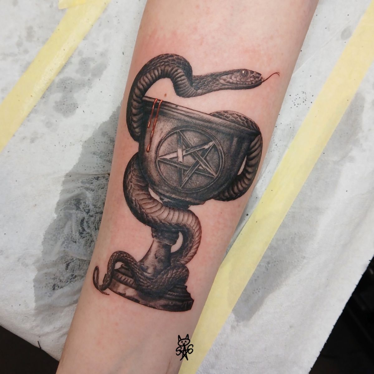 Realistyczny tatuaż przedstawiający diabelski puchar opleciony wężem.  Wykonany w ciągu jednej sesji.