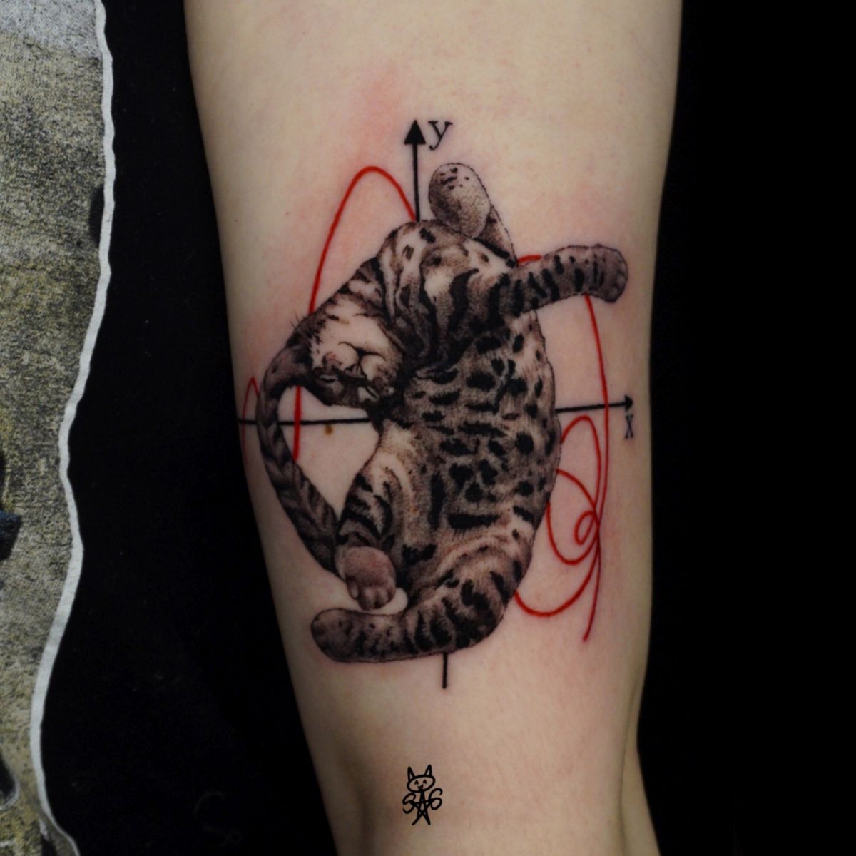 Tatuaż przedstawiający kotka robiącego wygibasy na osi.